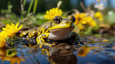 A Boreal Chorus Frog (Pseudacris maculata) singing from a pond in North America, its swollen vocal sac and striped body a fascinating sight against the green algae.の素材