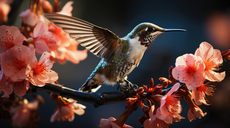A Ruby-throated Hummingbird (Archilochus colubris) hovering mid-air in a North American garden, its wings beating rapidly and its iridescent red throat catching the morning light.の素材