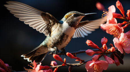 A Ruby-throated Hummingbird (Archilochus colubris) hovering mid-air in a North American garden, its wings beating rapidly and its iridescent red throat catching the morning light.の素材