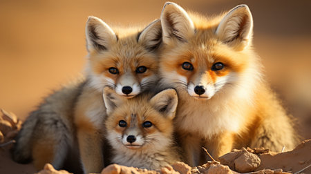 A group of Fennec Foxes (Vulpes zerda) huddled together in the Sahara Desert, their large ears and fluffy tails a cute sight against the sandy landscape.の素材