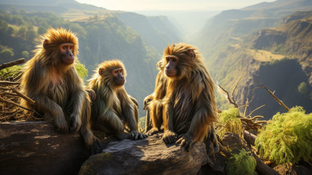 A group of Gelada Baboons (Theropithecus gelada) socializing on the cliffs of Ethiopia's Simien Mountains, their hunched postures, maned backs, and bare chests a unique sight.の素材