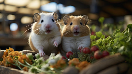 A pair of Guinea Pigs (Cavia porcellus) munching on vegetables in a playpen, their cute expressions and soft fur making them a hit with children.の素材