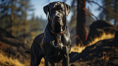 A Great Dane (Canis lupus familiaris) standing majestically in a park, its immense size and sleek coat making it a truly regal presence.の素材