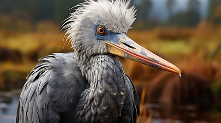 A Shoebill stork (Balaeniceps rex) standing motionless in the marshes of Uganda's Mabamba Swamp, its large bill and piercing gaze a fascinating sight in the wetland wilderness.の素材