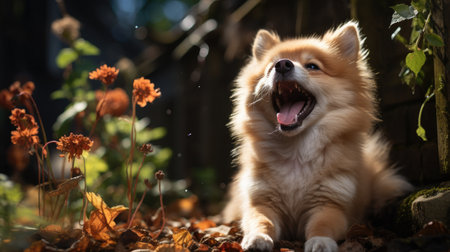 A Pomeranian (Canis lupus familiaris) wagging its tail excitedly, its fluffy coat and lively demeanor making it an energetic and lovable pet.の素材
