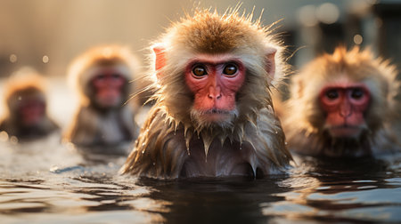 A group of Japanese Macaques (Macaca fuscata) bathing in the hot springs in Nagano, their reddish faces and thick fur a heartwarming sight against the snowy landscape.の素材