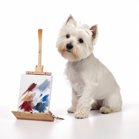 A West Highland White Terrier (Canis lupus familiaris) in a painter's outfit, painting a tiny canvas.の素材