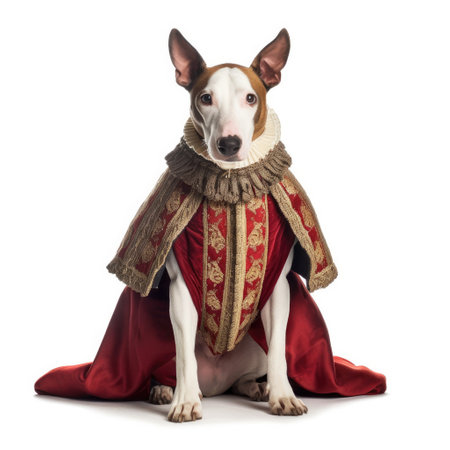 A Bull Terrier (Canis lupus familiaris) in a matador's outfit, cape at the ready.の素材