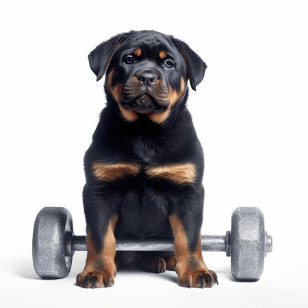 A Rottweiler (Canis lupus familiaris) as a bodybuilder, lifting a tiny dumbbell.の素材