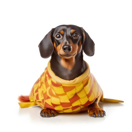 A Dachshund (Canis lupus familiaris) wearing a hotdog costume with mustard.の素材