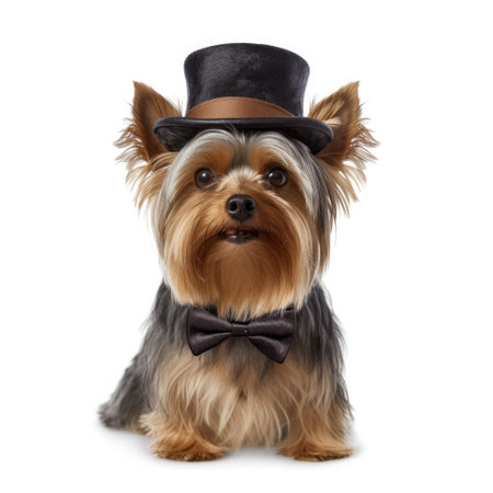A Yorkshire Terrier (Canis lupus familiaris) with a bowtie and a top hat.の素材