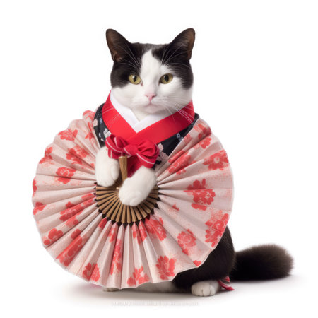 A Japanese Bobtail Cat (Felis catus) in a geisha's outfit, holding a tiny fan.の素材