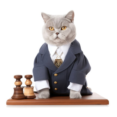 A British Shorthair Cat (Felis catus) in a judge's outfit with a tiny gavel.の素材