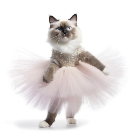 A Ragdoll Cat (Felis catus) in a ballerina's outfit, striking a graceful pose.の素材