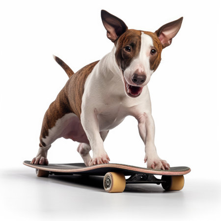 A Bull Terrier (Canis lupus familiaris) as a skateboarder, doing a kickflip over a toy skateboard ramp.の素材