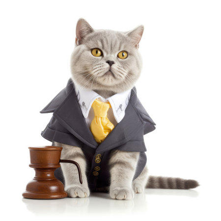 A British Shorthair Cat (Felis catus) in a judge's outfit with a tiny gavel.の素材