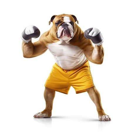 A Bulldog (Canis lupus familiaris) in a bodybuilder's outfit, flexing its muscles.の素材