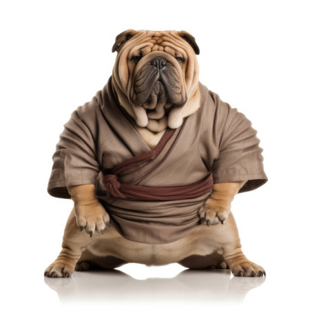 A Shar Pei (Canis lupus familiaris) as a sumo wrestler, posing in a sumo stance.の素材