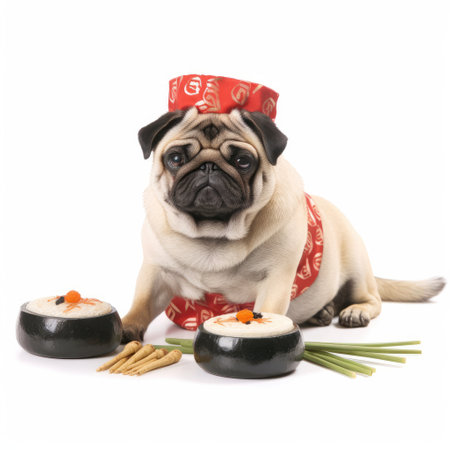 A Pug (Canis lupus familiaris) dressed as a sushi chef with a headband.の素材