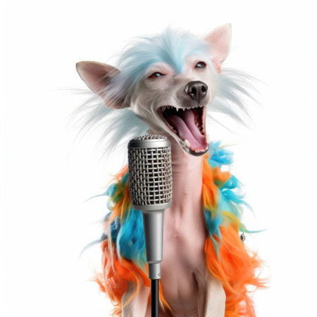 A Chinese Crested Dog (Canis lupus familiaris) in a pop star's outfit, singing into a toy microphone.の素材