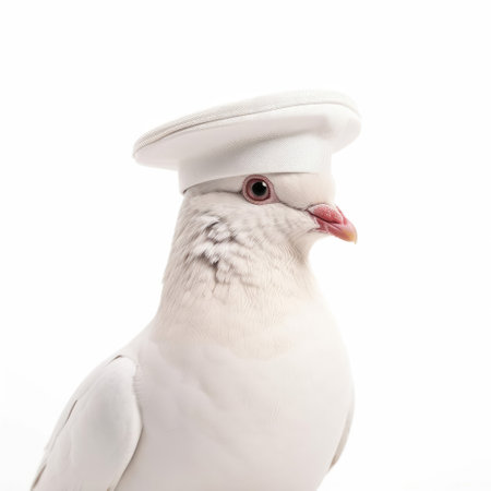 A White Dove (Columba livia domestica) wearing a miniature postman's hat.の素材