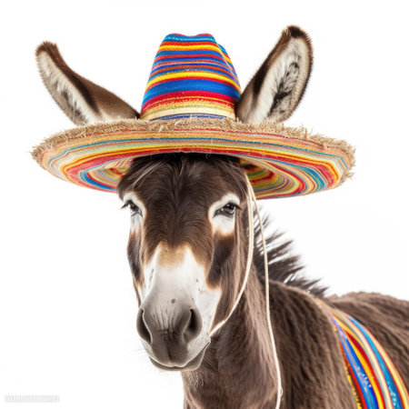 A Donkey (Equus africanus asinus) wearing a sombrero and serape.の素材