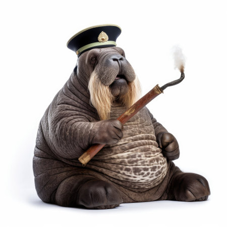 A Walrus (Odobenus rosmarus) with a captain's hat and pipe.の素材