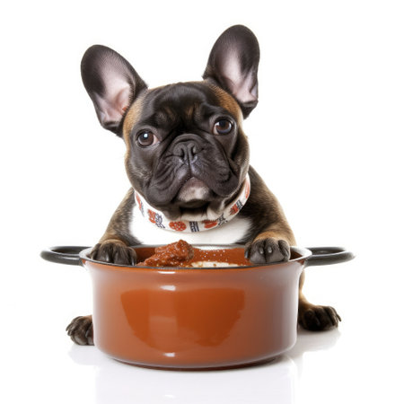 A French Bulldog (Canis lupus familiaris) as a chef, tasting a tiny spoonful of soup.の素材