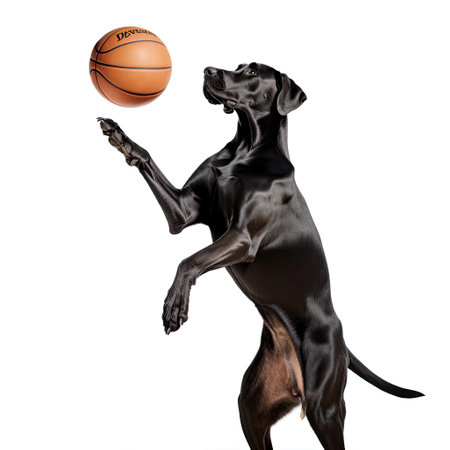 A Great Dane (Canis lupus familiaris) as a basketball player, dunking a tiny ball.の素材