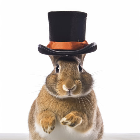 A Rabbit (Oryctolagus cuniculus) in a magician's outfit, pulling a carrot from a hat.の素材