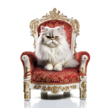 A Persian Cat (Felis catus) as a queen, sitting on a tiny throne.の素材