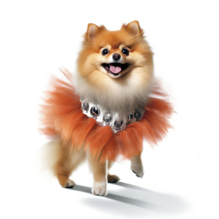 A Pomeranian (Canis lupus familiaris) in a cheerleader's outfit, doing a high kick.の素材