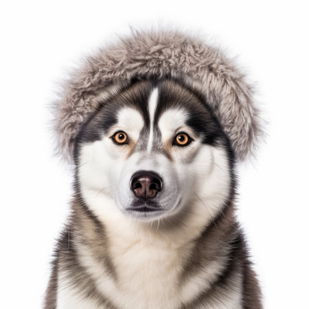 A Siberian Husky (Canis lupus familiaris) in a warm, faux-fur trapper hat.の素材