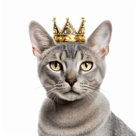 A Egyptian Mau (Felis catus) as a pharaoh, wearing a tiny golden crown.の素材