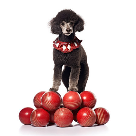 A Poodle (Canis lupus familiaris) in a circus performer's outfit, balancing on a tiny ball.の素材