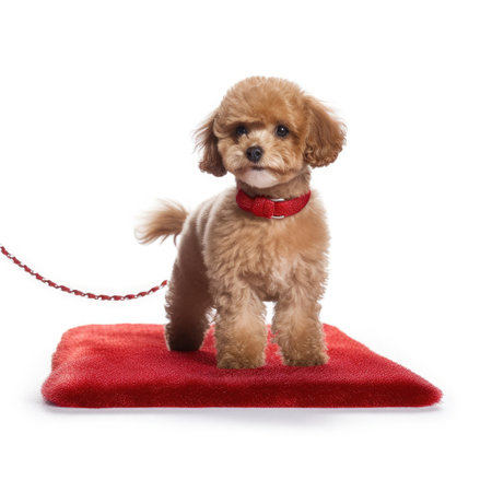 A Toy Poodle (Canis lupus familiaris) as a movie star, walking a miniature red carpet.の素材