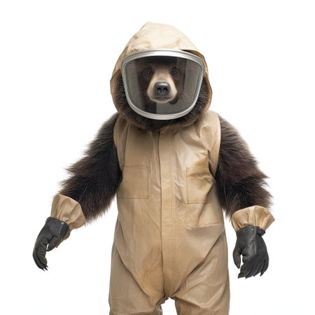 A Sloth Bear (Melursus ursinus) in a beekeeper's outfit and mask.の素材