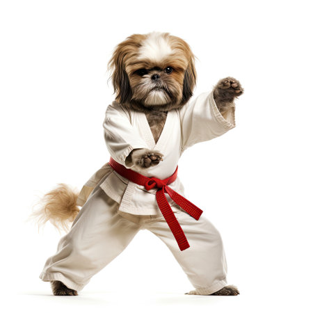 A Shih Tzu (Canis lupus familiaris) in a Karate uniform, performing a high kick.の素材