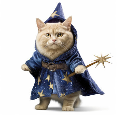 A Munchkin Cat (Felis catus) in a wizard's outfit, with a tiny wand and starry cape.の素材