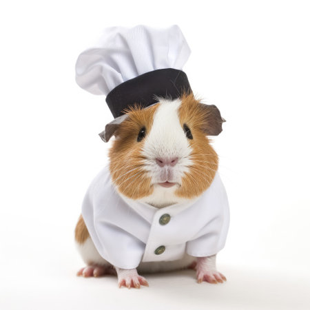 A Guinea Pig (Cavia porcellus) wearing a tiny chef's hat and apron.の素材