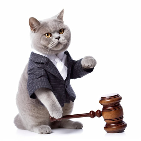 A British Shorthair Cat (Felis catus) in a judge's outfit, banging a tiny gavel.の素材
