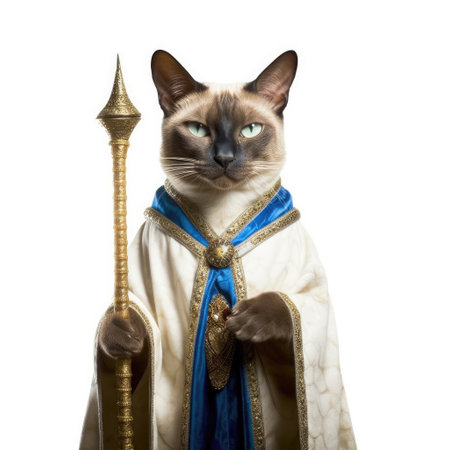 A Siamese Cat (Felis catus) wearing a king's outfit, scepter held high.の素材