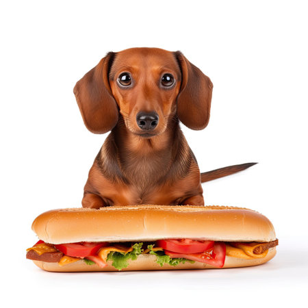 A Dachshund (Canis lupus familiaris) as a hot dog vendor, holding a miniature hot dog.の素材