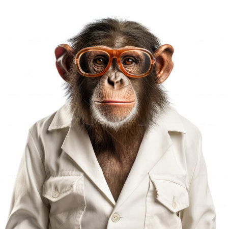 A Chimpanzee (Pan troglodytes) in a scientist's lab coat and glasses.の素材