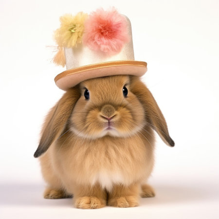 A Holland Lop Rabbit (Oryctolagus cuniculus) with a small pastel bonnet.の素材