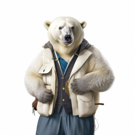 A Polar Bear (Ursus maritimus) in a fishing outfit with a hat and vest.の素材
