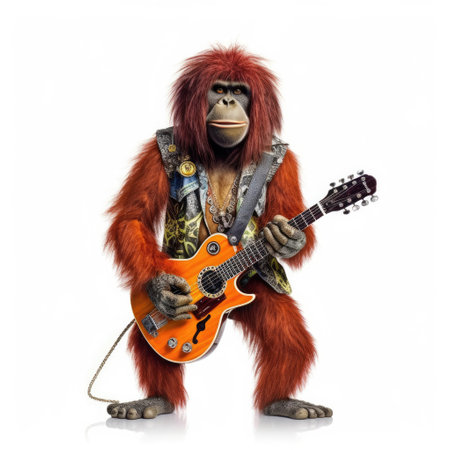 A Orangutan (Pongo) in a rockstar's outfit with a guitar.の素材