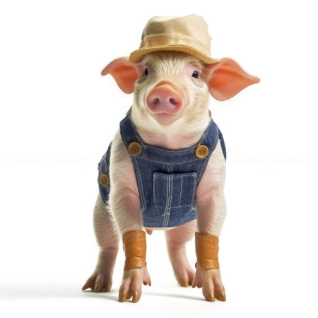 A Swine (Sus scrofa domesticus) wearing a farmer's outfit with a hat and overalls.の素材