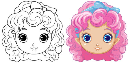 Adorable Girl with Curly Hair Outline for Colouring illustrationのイラスト素材