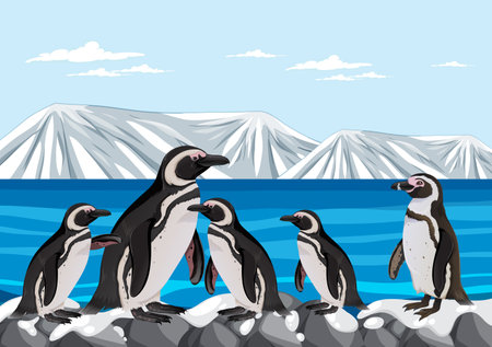 A vector cartoon illustration of a penguin standing on a piece of ice in the Arcticのイラスト素材